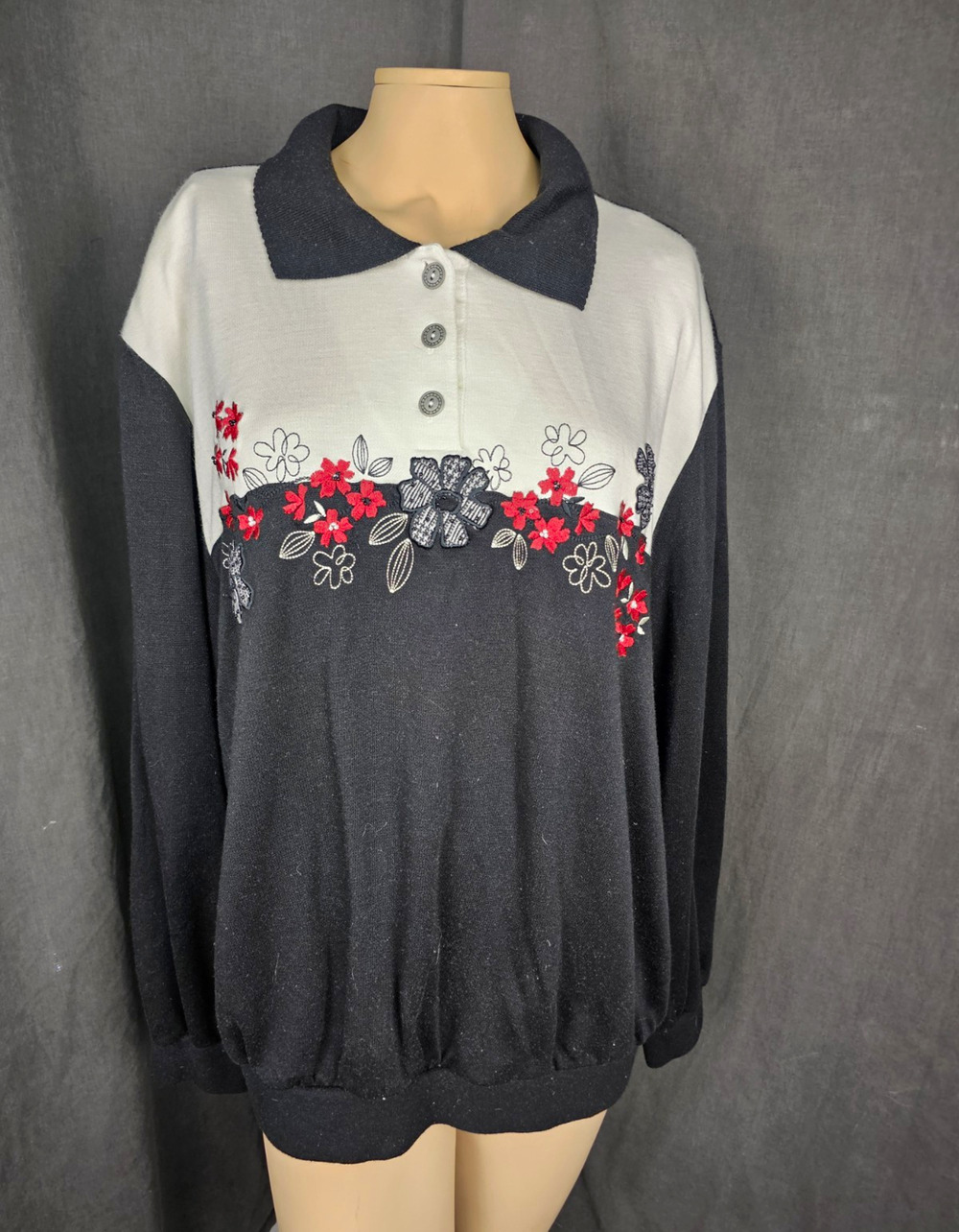 Vtg Alfred Dunner Colorblock Sweater 2X Embroidered Floral Collared Polo Retro